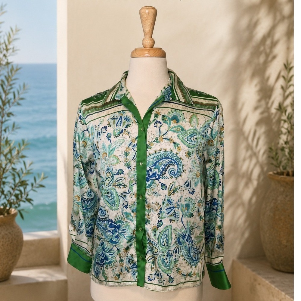 Zara Italian Coastal Scarf Print Satin Blouse Made in Spain Green Paisley Size L